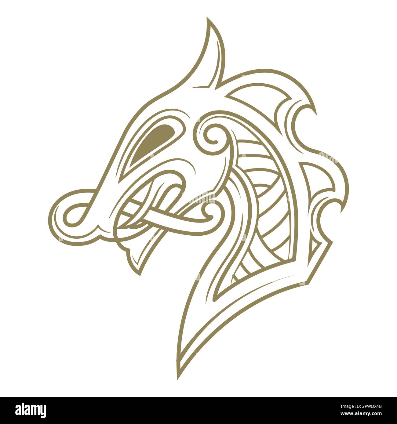 Design Scandinavo vichingo. Testa di drago dipinta in stile celtico Old Norse Illustrazione Vettoriale