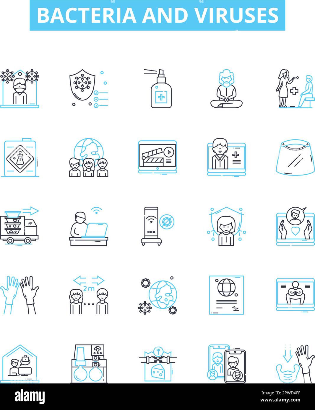 Set di icone di linee vettoriali per batteri e virus. Batteri, virus, microbi, patogeni, antibiotico, Concetto di illustrazione antimicrobica, antivirale Illustrazione Vettoriale