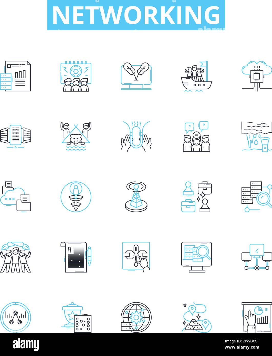 Set di icone delle linee vettoriali di rete. Rete, LAN, WAN, WiFi, Router, Hub, illustrazione Ethernet delineare simboli e segnali concettuali Illustrazione Vettoriale