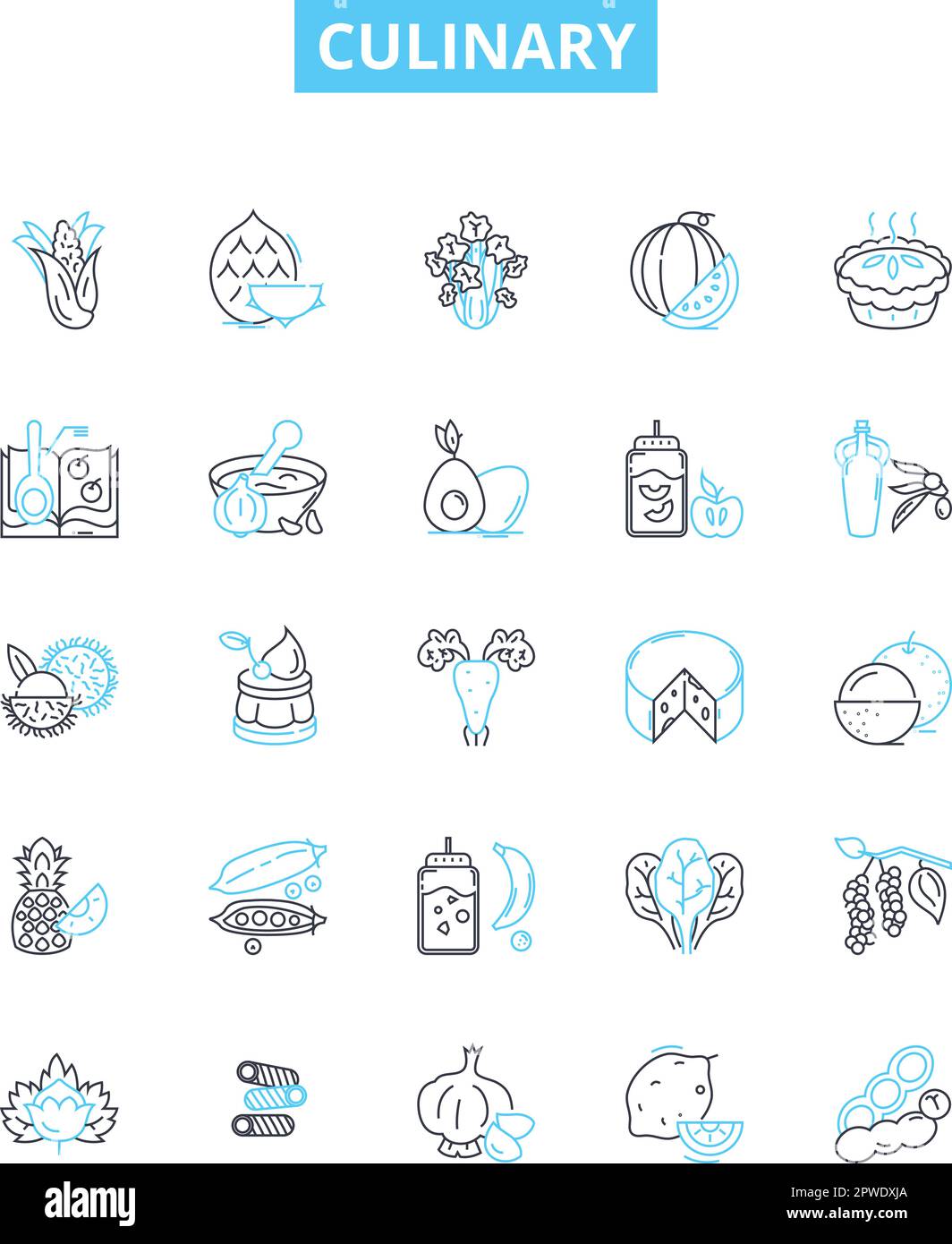 Set di icone di linee vettoriali culinarie. Cucina, cottura, Chef, cucina, Ricetta, Gourmet, illustrazione Spices delineano simboli e segni concettuali Illustrazione Vettoriale