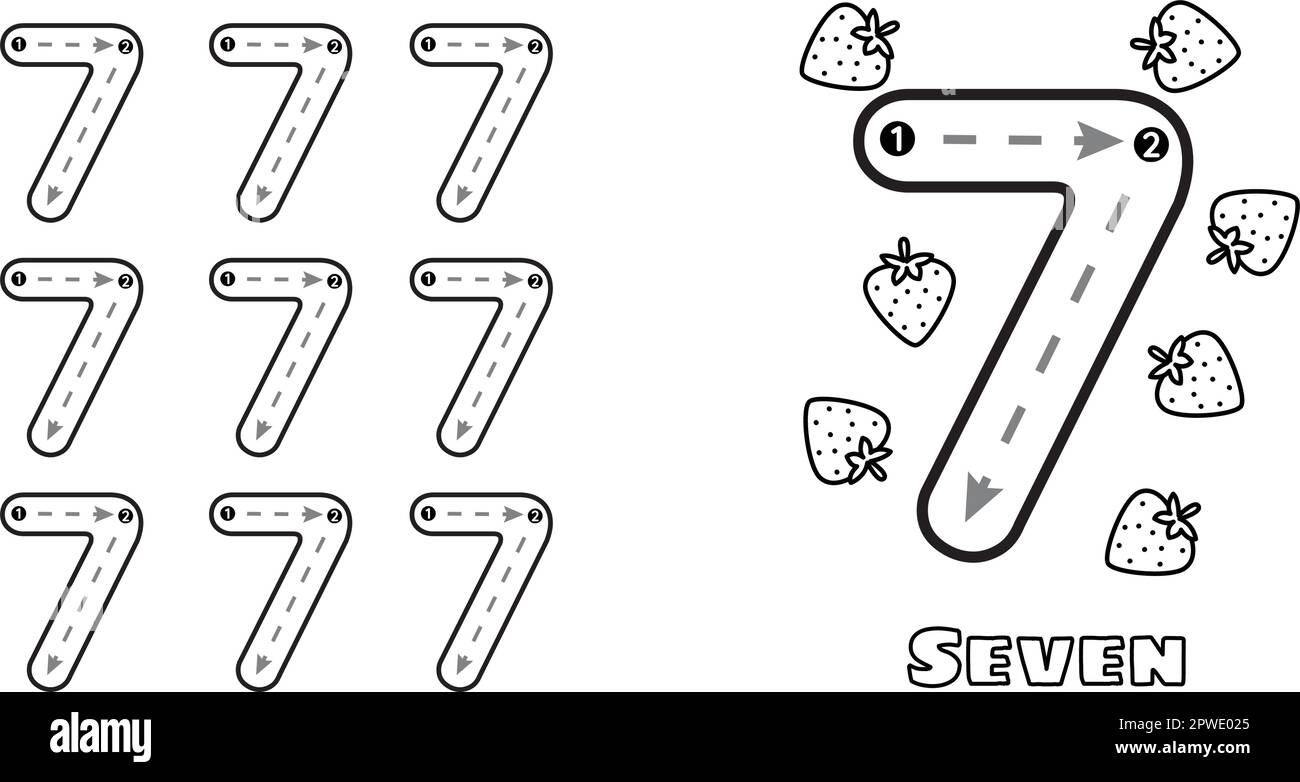 Foglio di lavoro di pratica traccia numero sette per bambini e bambini di prek. Calligrafia prescolare asilo tracciare illustrazione vettoriale Illustrazione Vettoriale