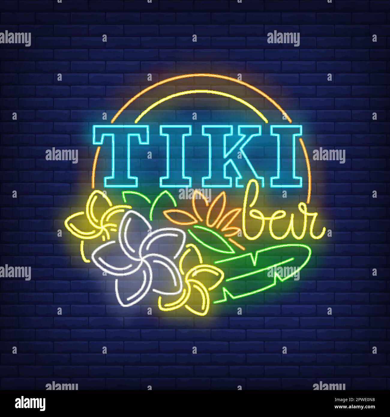 Testo al neon barra Tiki con fiori Illustrazione Vettoriale