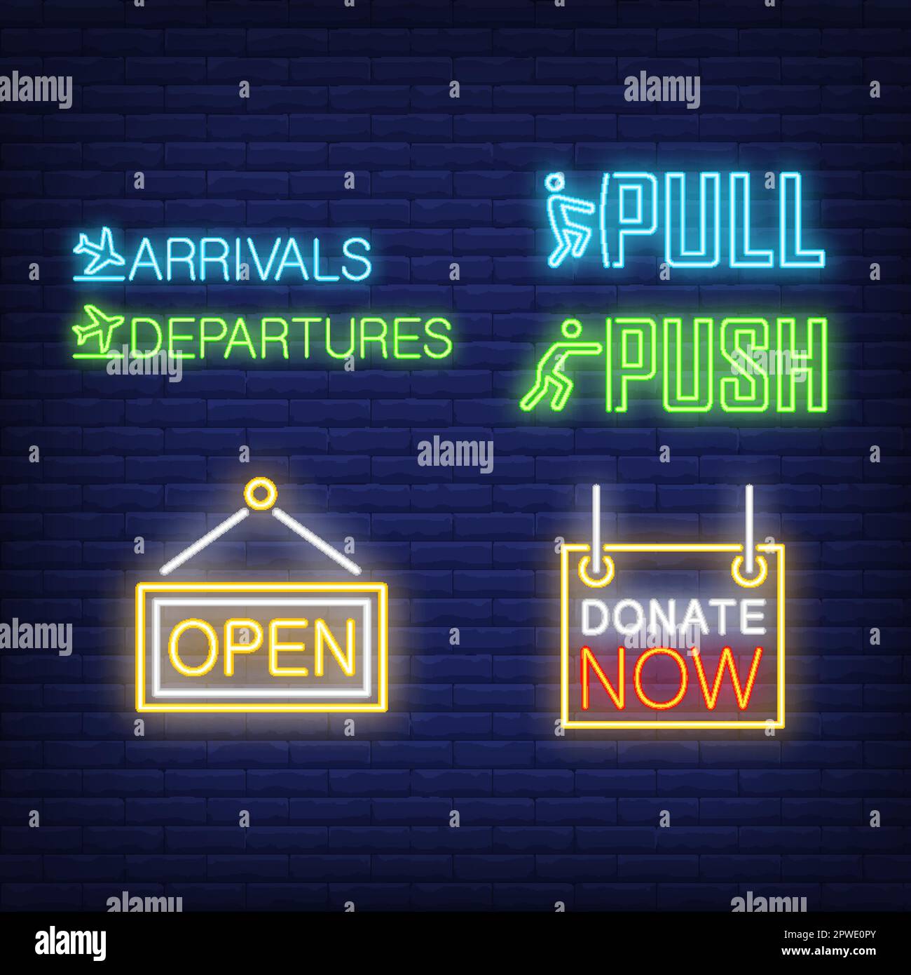 Set di segni al neon per tablet AirPort. Arrivi, partenze Illustrazione Vettoriale