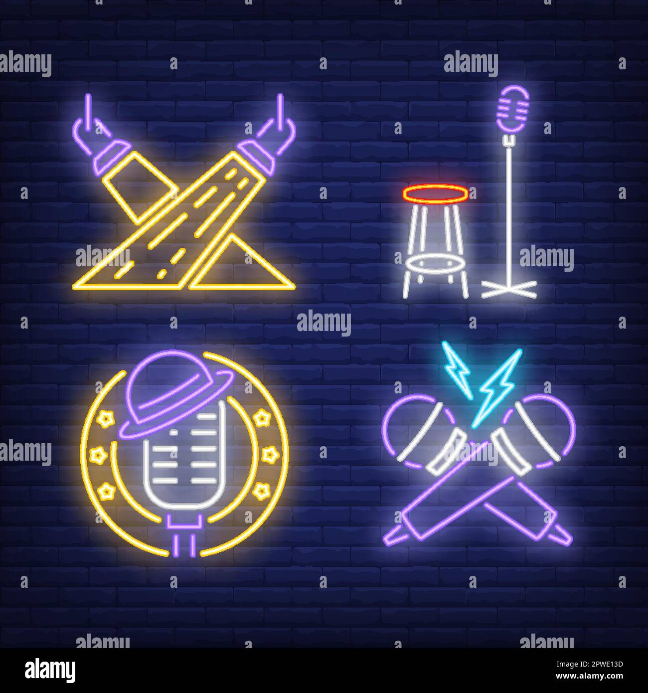 Set di cartelli al neon per faretti e microfoni Illustrazione Vettoriale