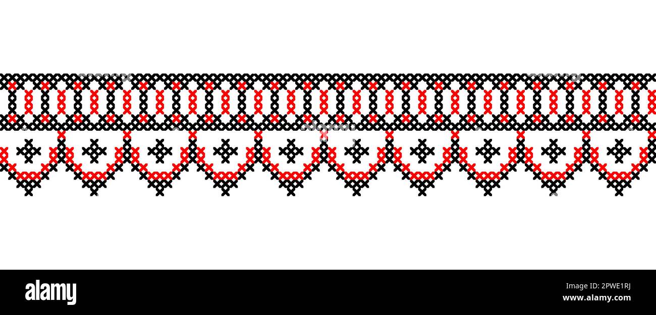 Ornamento vettoriale ucraino, confine senza giunture. Popolare ucraino, ricamo geometrico etnico. Ornamento nei colori rosso e nero. Pixel art, vyshyvanka Illustrazione Vettoriale