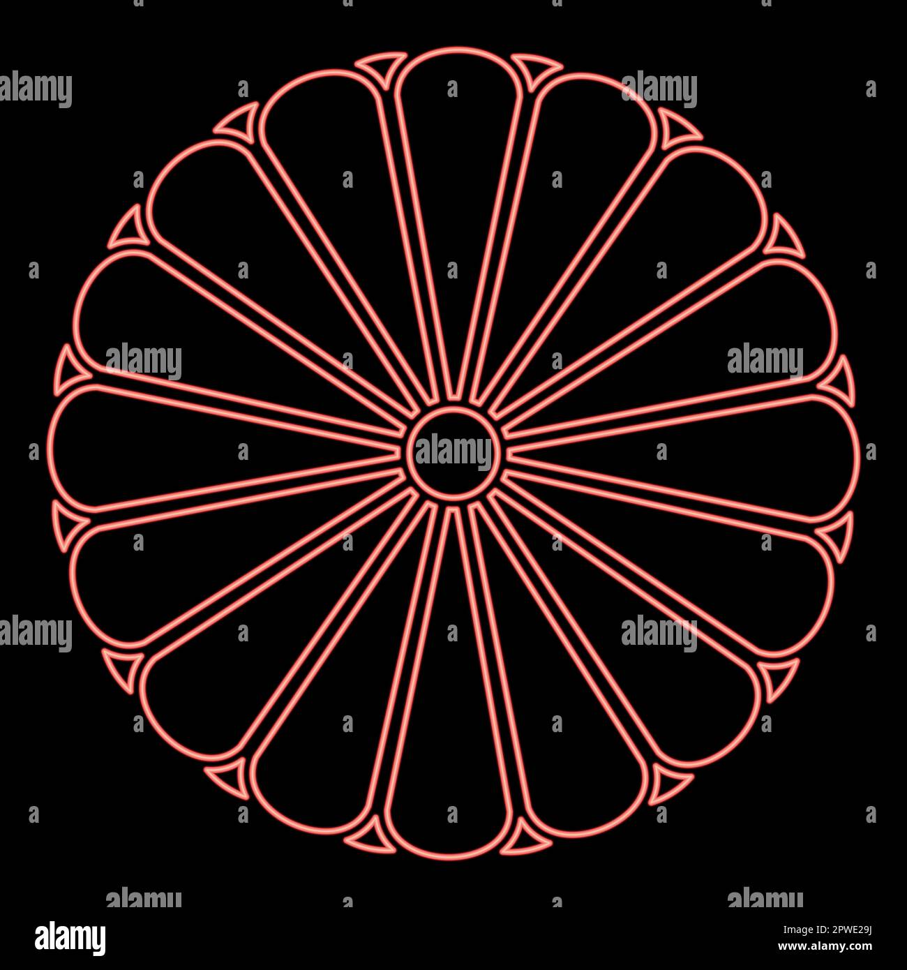 Stemma al neon del disco centrale giapponese nippon Imperial Seal con stemma nazionale a 16 petali rosso colore vettoriale immagine luminosa piatta Illustrazione Vettoriale
