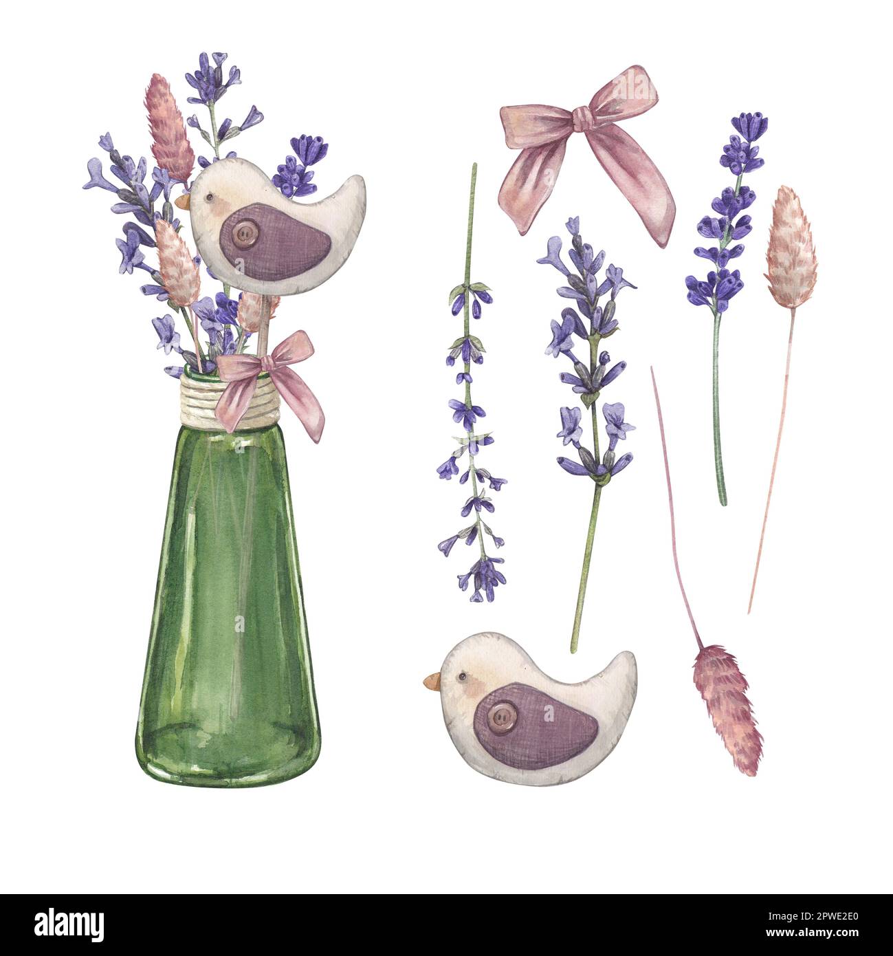 Set bouquet di lavanda in un vaso di vetro isolato su uno sfondo bianco Watercolor illustrazione di fiori provenzali. In stile francese. Immagine botanica di Foto Stock