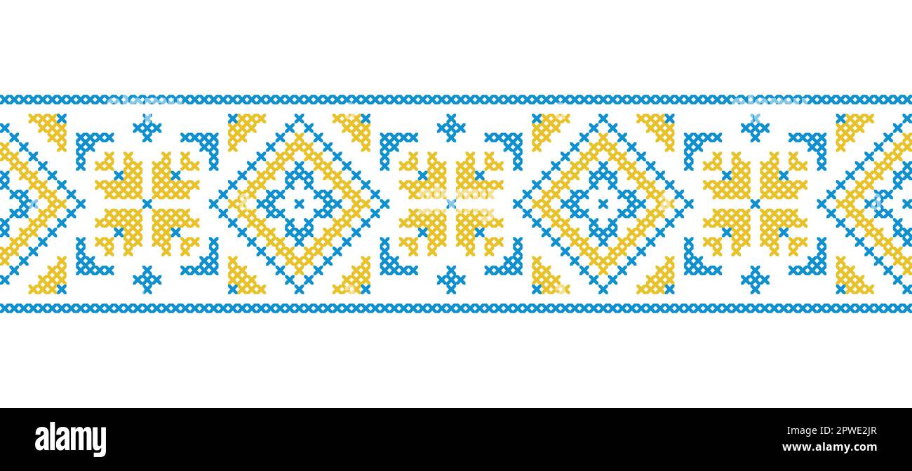 Ornamento vettoriale ucraino, confine, modello. Ricamo tradizionale ucraino di . Ornamento nei colori giallo e blu. Pixel art, vyshyvanka, croce Illustrazione Vettoriale