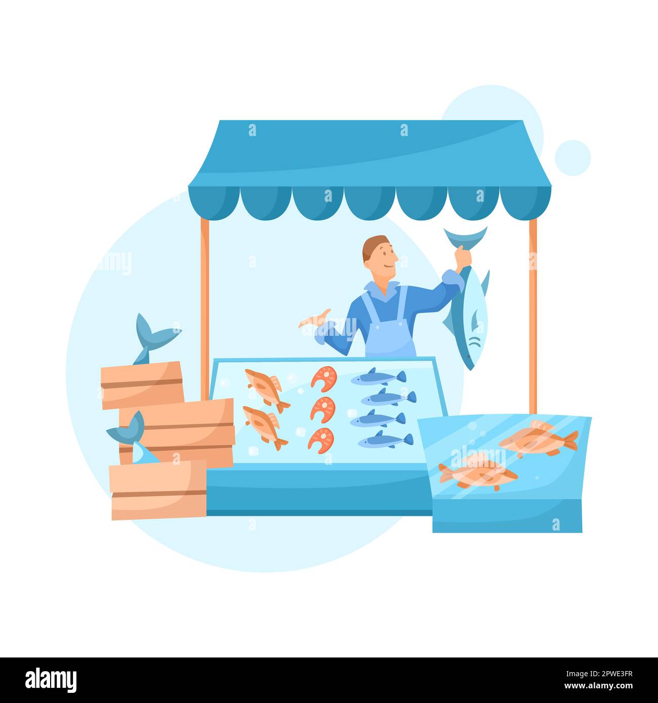 Stand fiera con pesce e venditore maschio piatto vettore illustrazione Illustrazione Vettoriale