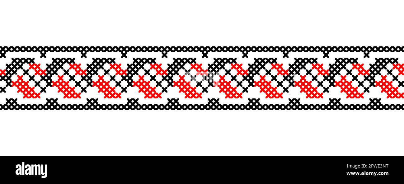 Ricamo ucraino bordo modello in rosso e nero. Pixel art, vyshyvanka, punto a croce. Popolo ucraino, modello di confine vettoriale etnico Illustrazione Vettoriale