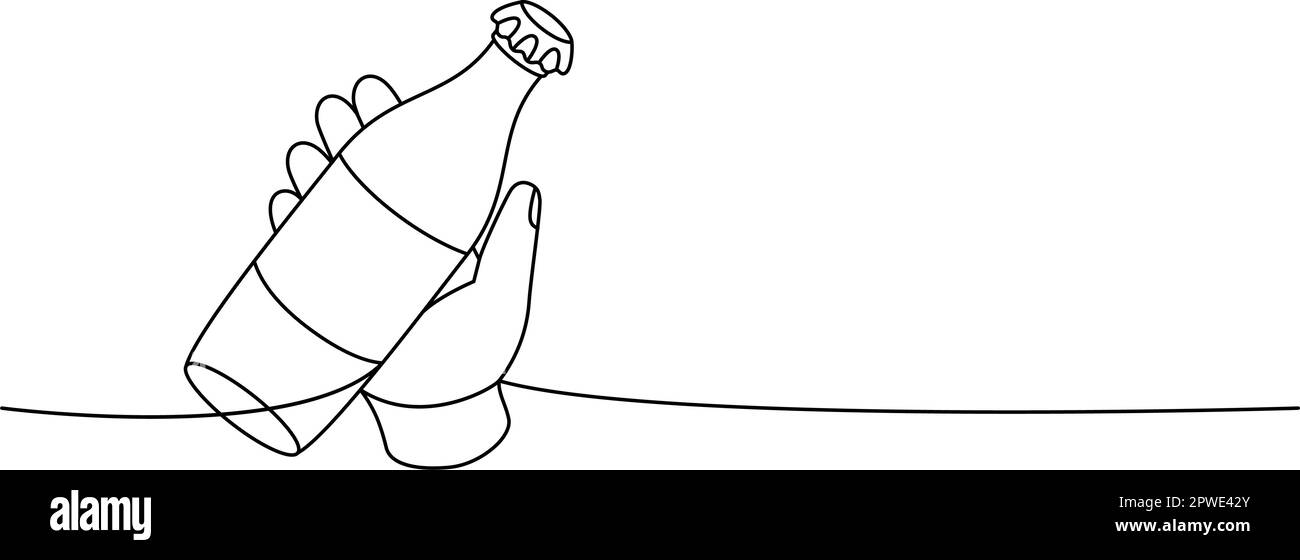 Mano con bottiglia di soda, disegno continuo a una linea. Bottiglia di vetro o plastica vuota, illustrazione continua a una riga. Illustrazione lineare vettoriale. Illustrazione Vettoriale
