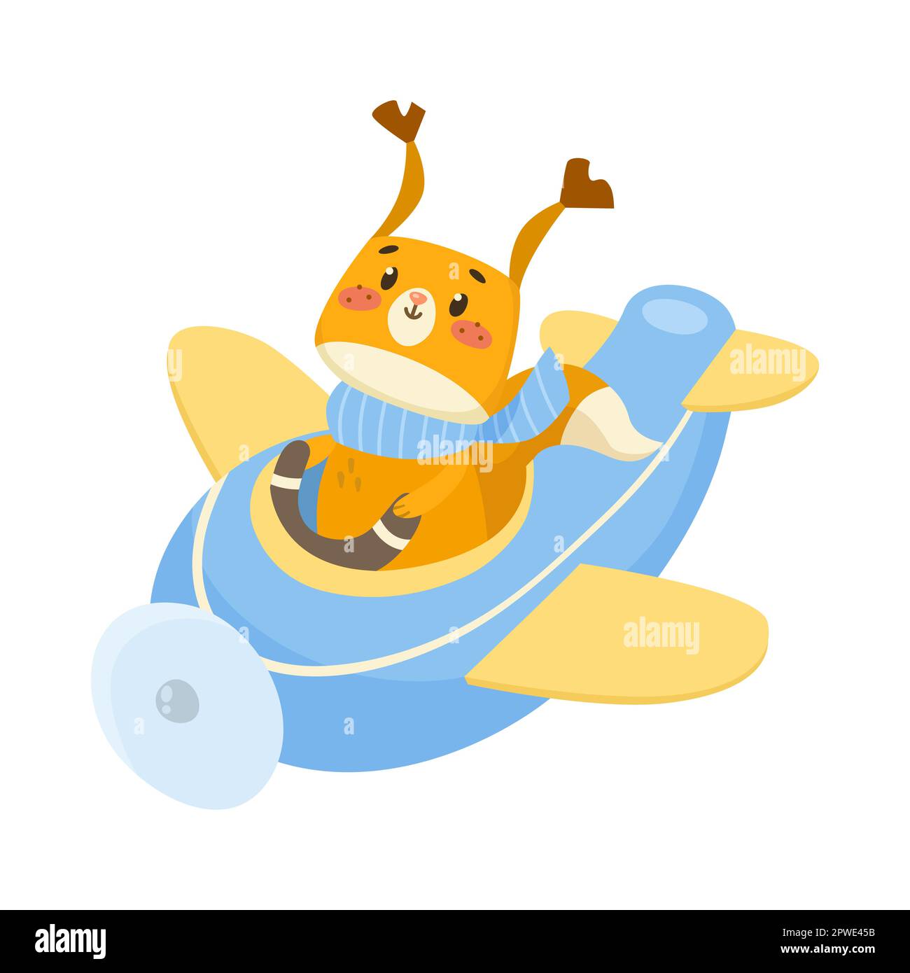 Carino scoiattolo comico che vola su illustrazione di cartone animato di aeroplano Illustrazione Vettoriale