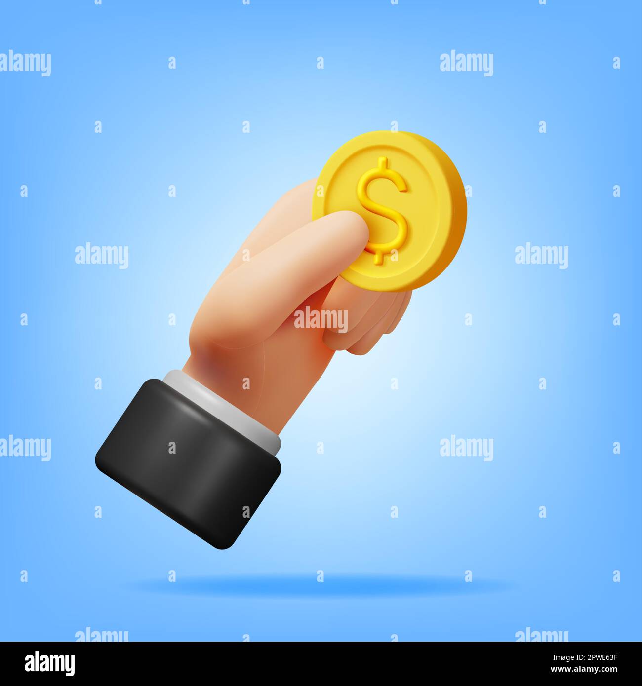 Moneta d'oro da $3D con simbolo del dollaro in mano Illustrazione Vettoriale