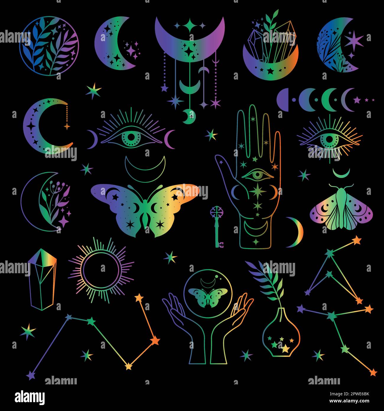 Mistico luna fasi icone neon set e donna mani e moth, alchimia esoterico spazio magico, vettore nero isolato su sfondo nero Illustrazione Vettoriale
