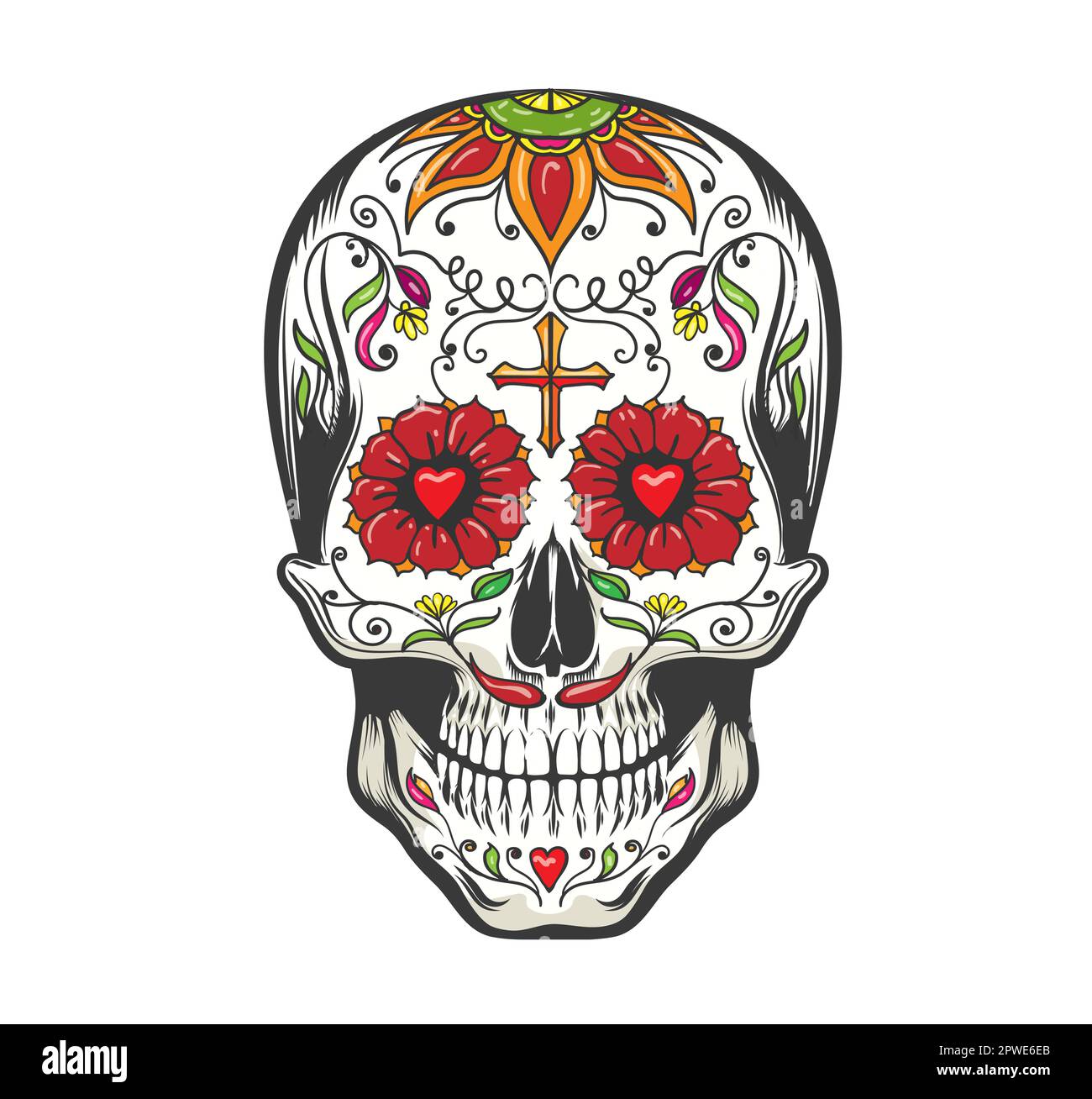 Giorno del Morto coloratissimo cranio di zucchero con ornamento floreale isolato su bianco. Illustrazione vettoriale Illustrazione Vettoriale