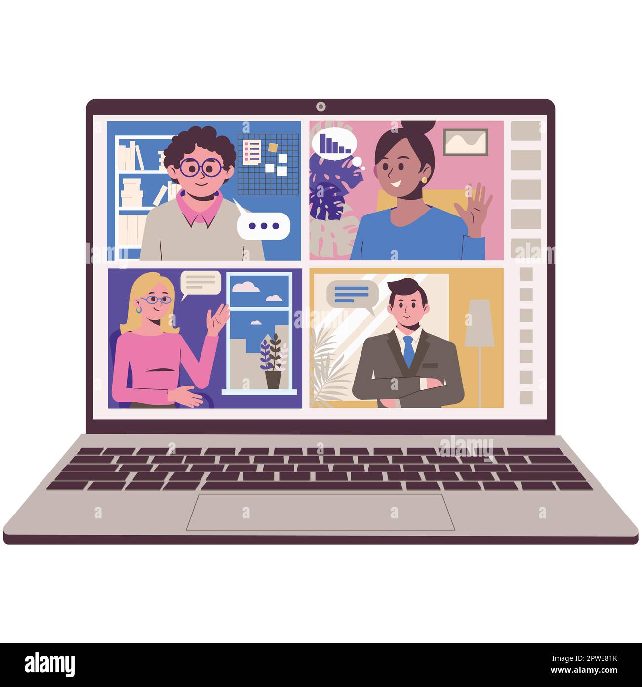 Comunicazione online con amici e colleghi. Videoconferenza remota. Schermata dello schermo di un notebook. Illustrazione vettoriale. Illustrazione Vettoriale