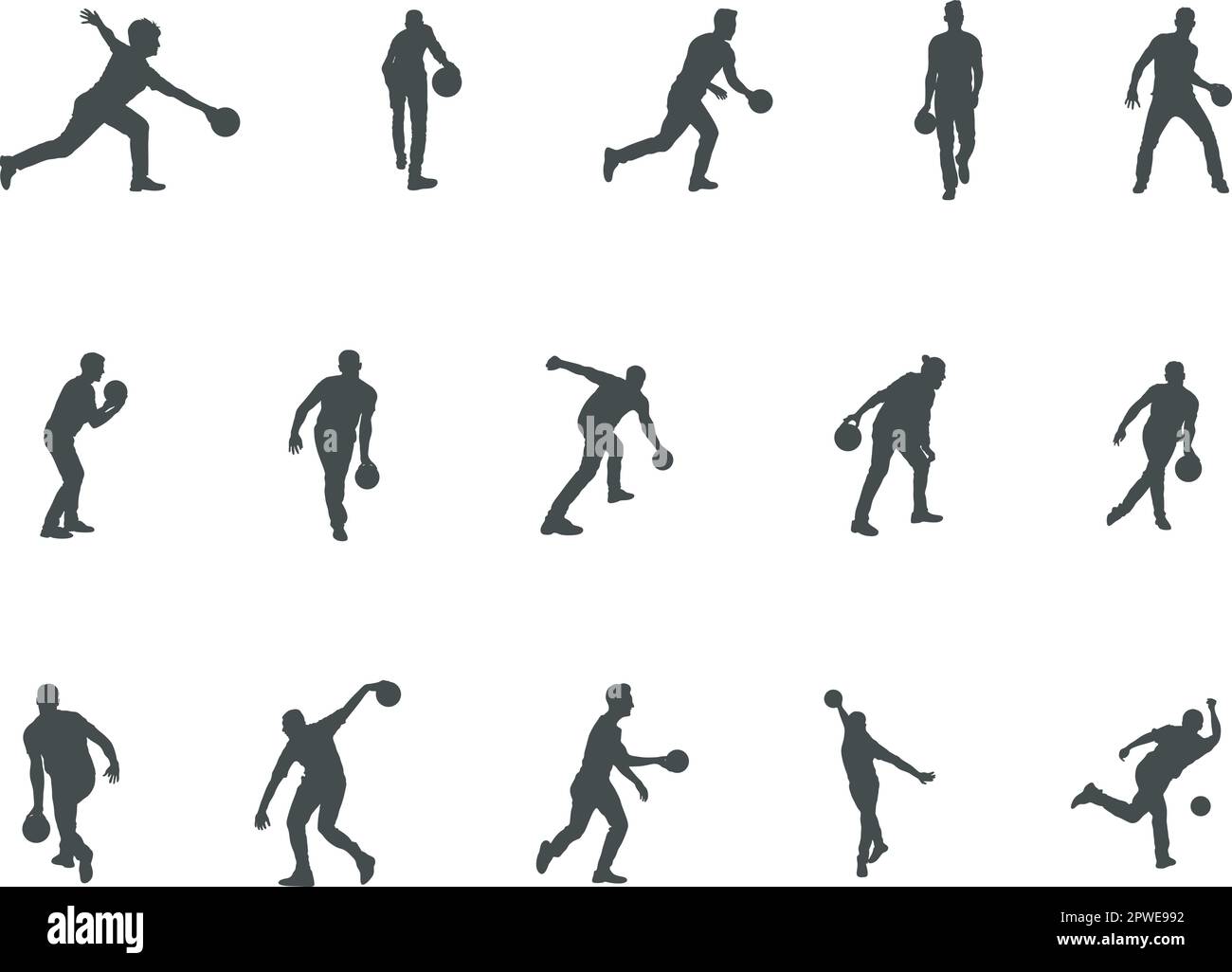 Silhouette dei giocatori di bowling, silhouette dei giocatori di bowling, vettore dei giocatori di bowling. Illustrazione Vettoriale