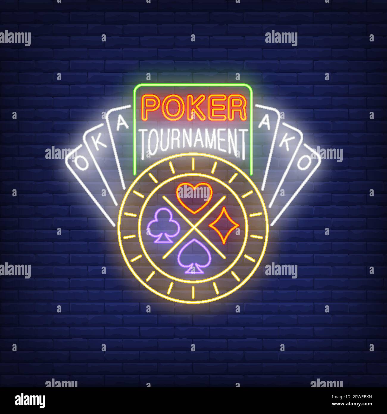 Testo neon torneo di poker con carte da gioco e chip Illustrazione Vettoriale