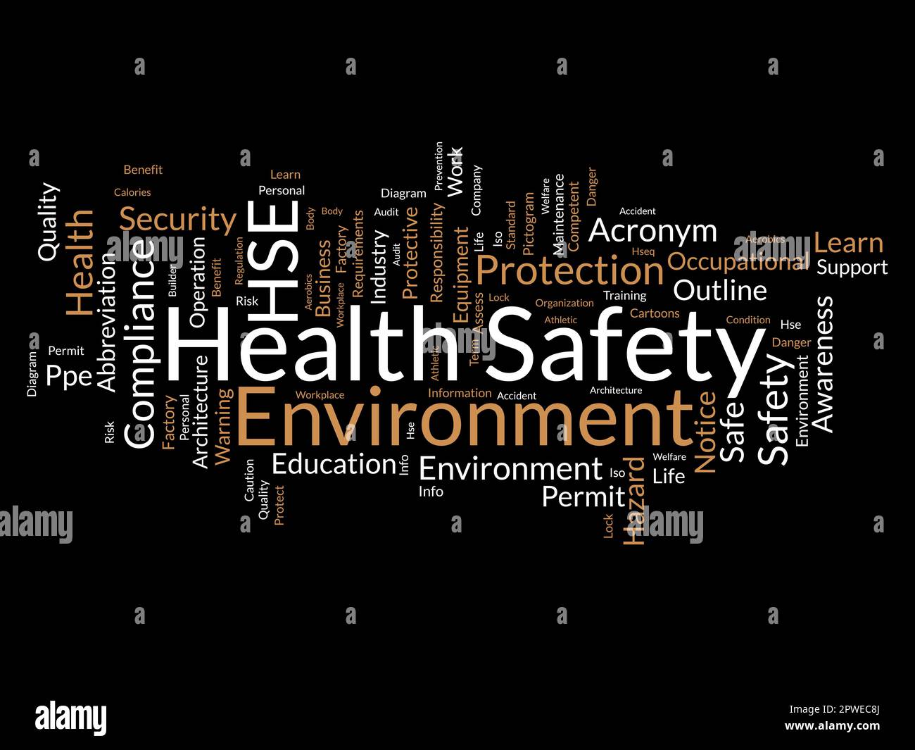 Concetto di base di Word cloud per l'ambiente di sicurezza sanitaria (HSE). Regolamentazione della formazione aziendale, sicurezza sul luogo di lavoro qualità delle attrezzature di sicurezza permesso. Illustrazione Vettoriale