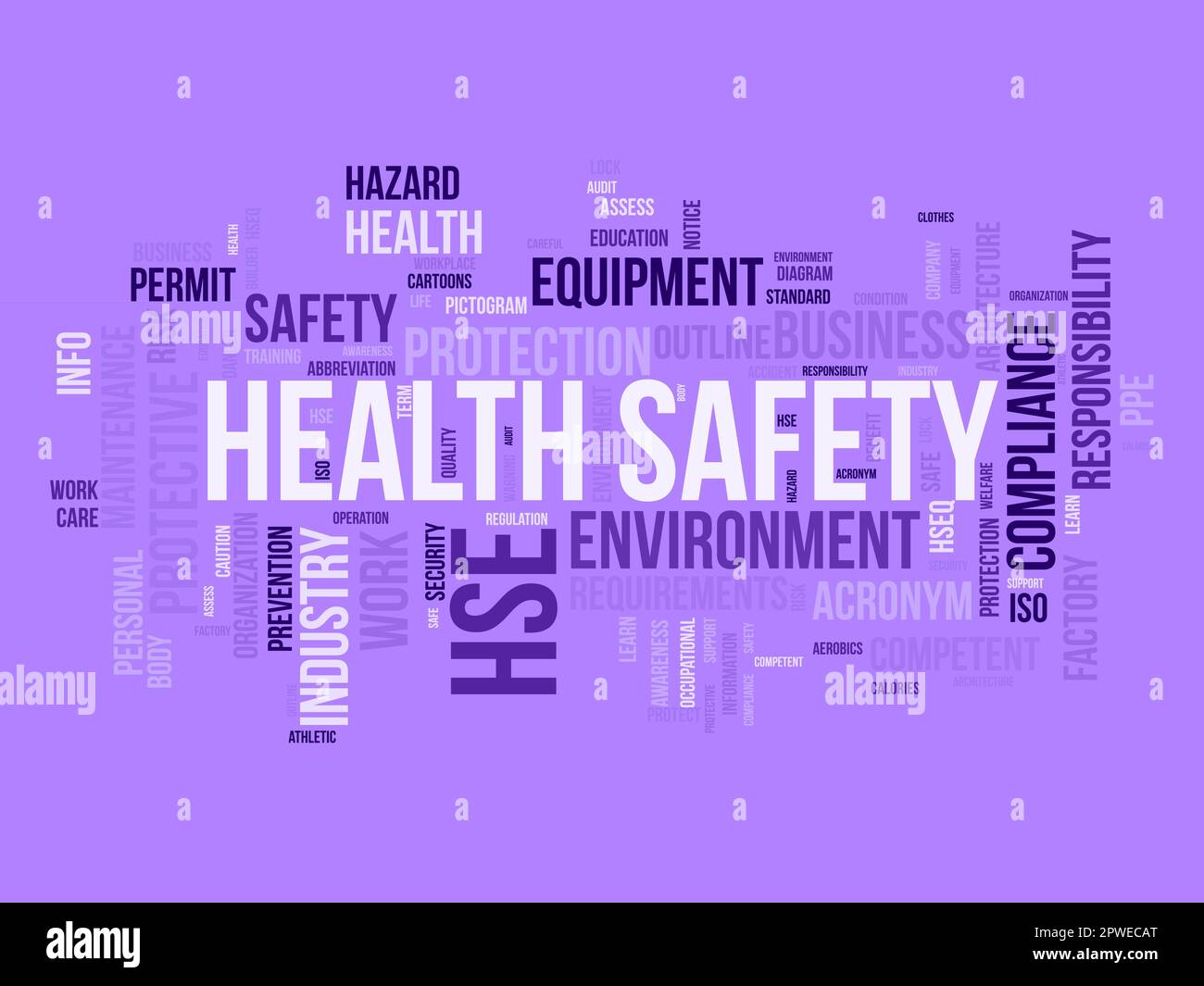 Concetto di base di Word cloud per l'ambiente di sicurezza sanitaria (HSE). Regolamentazione della formazione aziendale, sicurezza sul luogo di lavoro qualità delle attrezzature di sicurezza permesso. Illustrazione Vettoriale