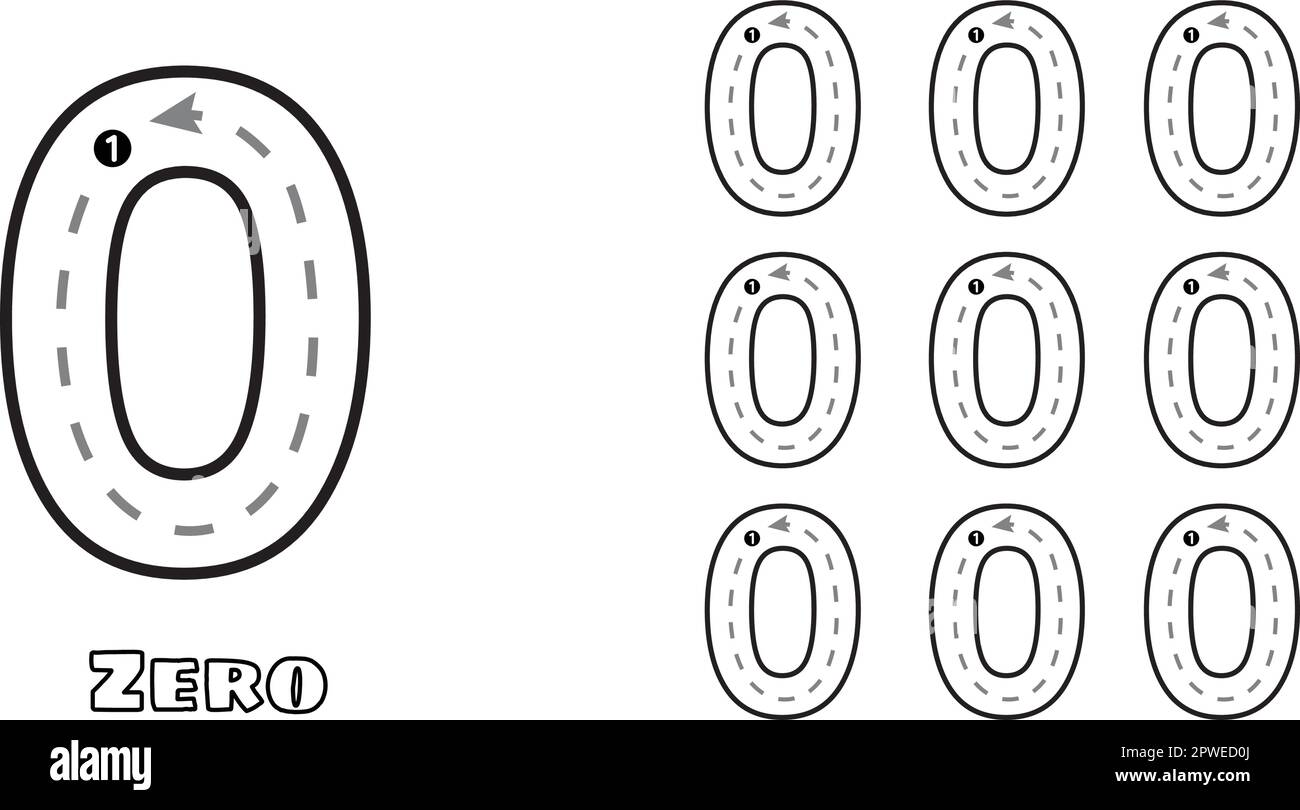 Foglio di lavoro di esercitazione Number Null Trace per bambini e bambini di prek. Scrittura a mano asilo prescolare disegno vettoriale di zero Illustrazione Vettoriale