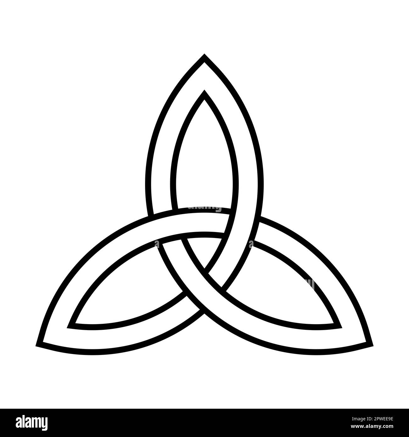 Triquetra, emblema della Trinità, formato dall'intreccio di tre archi uguali o porzioni di cerchi. Nodo triangolare celtico. Foto Stock
