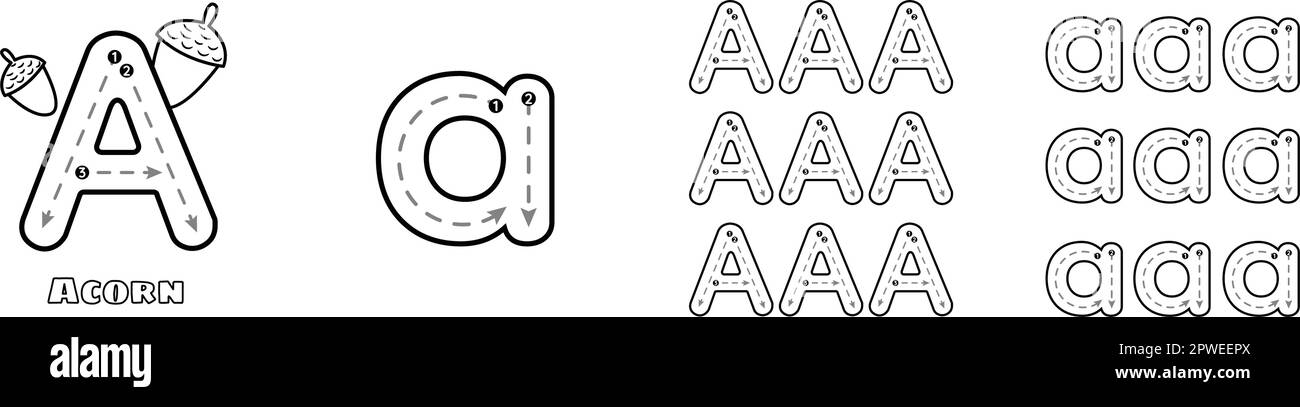 Lettera Un foglio di lavoro con lettere maiuscole e minuscole dell'alfabeto ABC per il vocabolario inglese dei bambini. Illustrazione del vettore di pratica di traccia di scrittura a mano Illustrazione Vettoriale