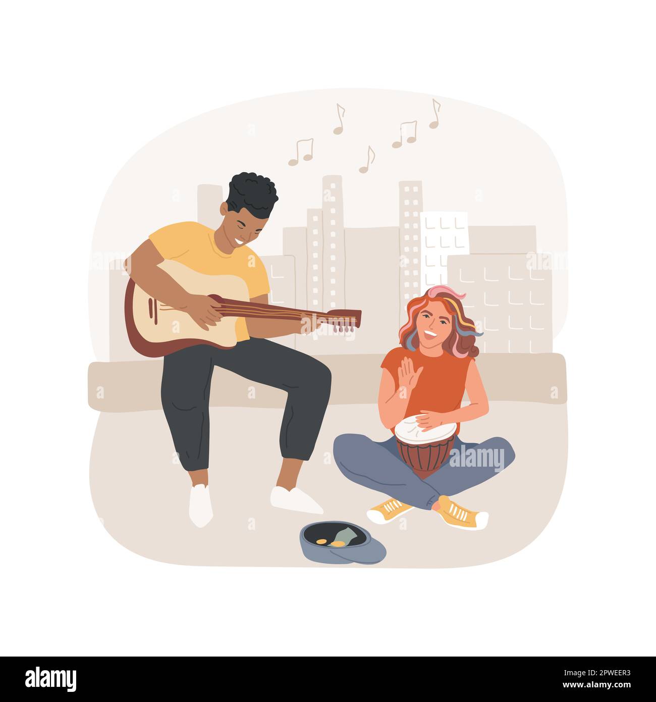 Performance di musica di strada illustrazione vettoriale isolata dei cartoni animati. Coppia adolescente che fa musica per strada, ragazzo e ragazza che cantano e suonano GU acustica Illustrazione Vettoriale