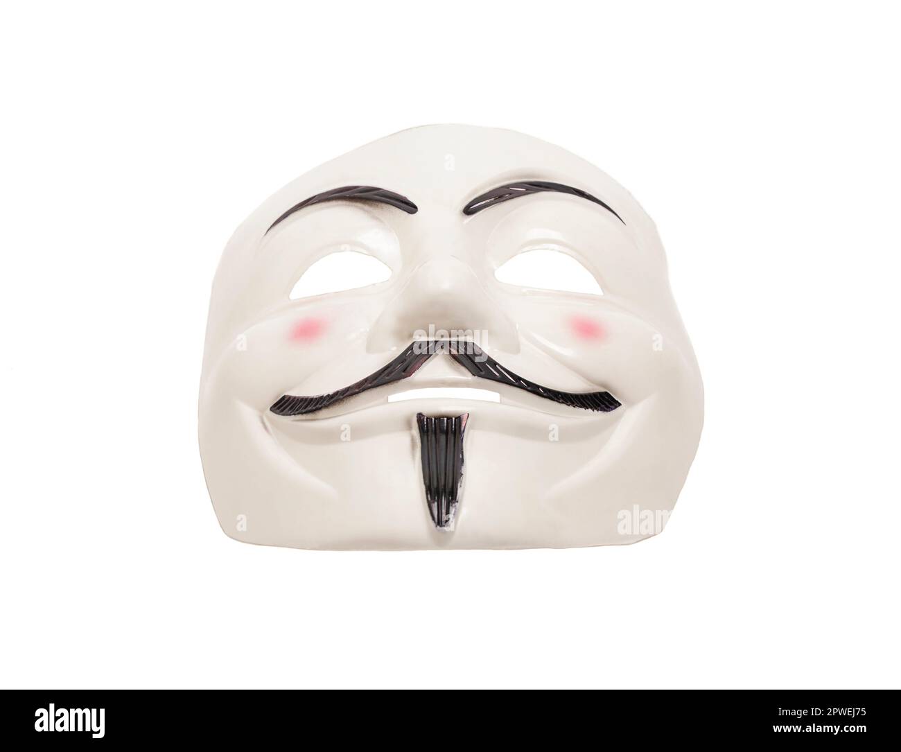 Guy Fawkes maschera anonima isolata su sfondo bianco Foto Stock