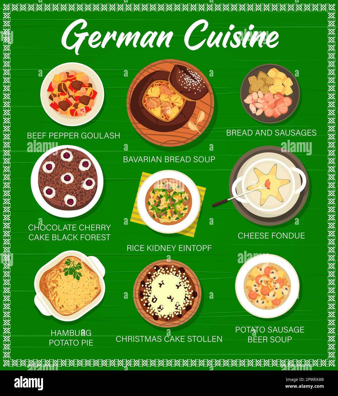 Menu del ristorante di cucina tedesca. Gulasch al pepe di manzo, salsicce e zuppa di pane bavarese, torta Foresta Nera, fonduta di formaggio e rene Eintopf, Hamburg pi Illustrazione Vettoriale