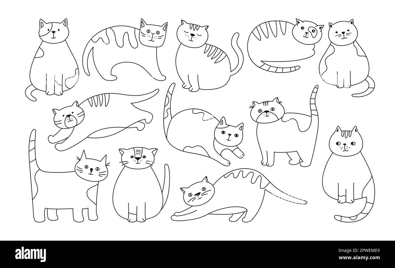 Gatti carino doodle contorno set. Kitty burreed con diverse pose ed emozioni cartone animato collezione lineare. Disegnare gatti disegnati dormire, stretching e giocare. Cuccioli personaggi animali domestici isolati Illustrazione Vettoriale