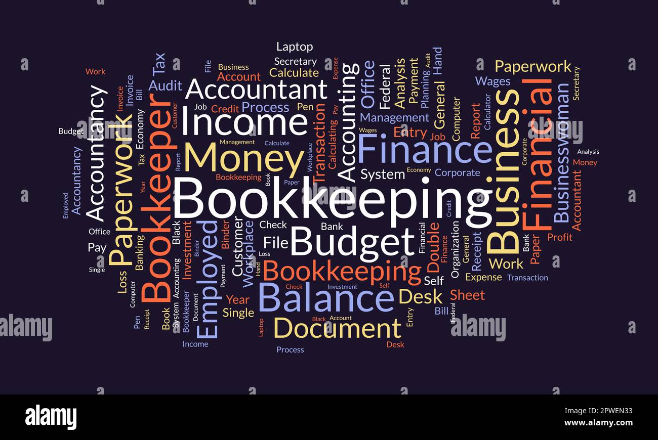 Concetto di base di Word cloud per la contabilità. Bilancio finanziario, transazione commerciale credito di pagamento doppio controllo. illustrazione vettoriale. Illustrazione Vettoriale