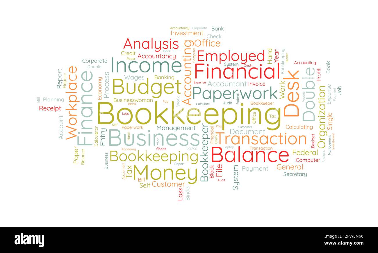 Concetto di base di Word cloud per la contabilità. Bilancio finanziario, transazione commerciale credito di pagamento doppio controllo. illustrazione vettoriale. Illustrazione Vettoriale