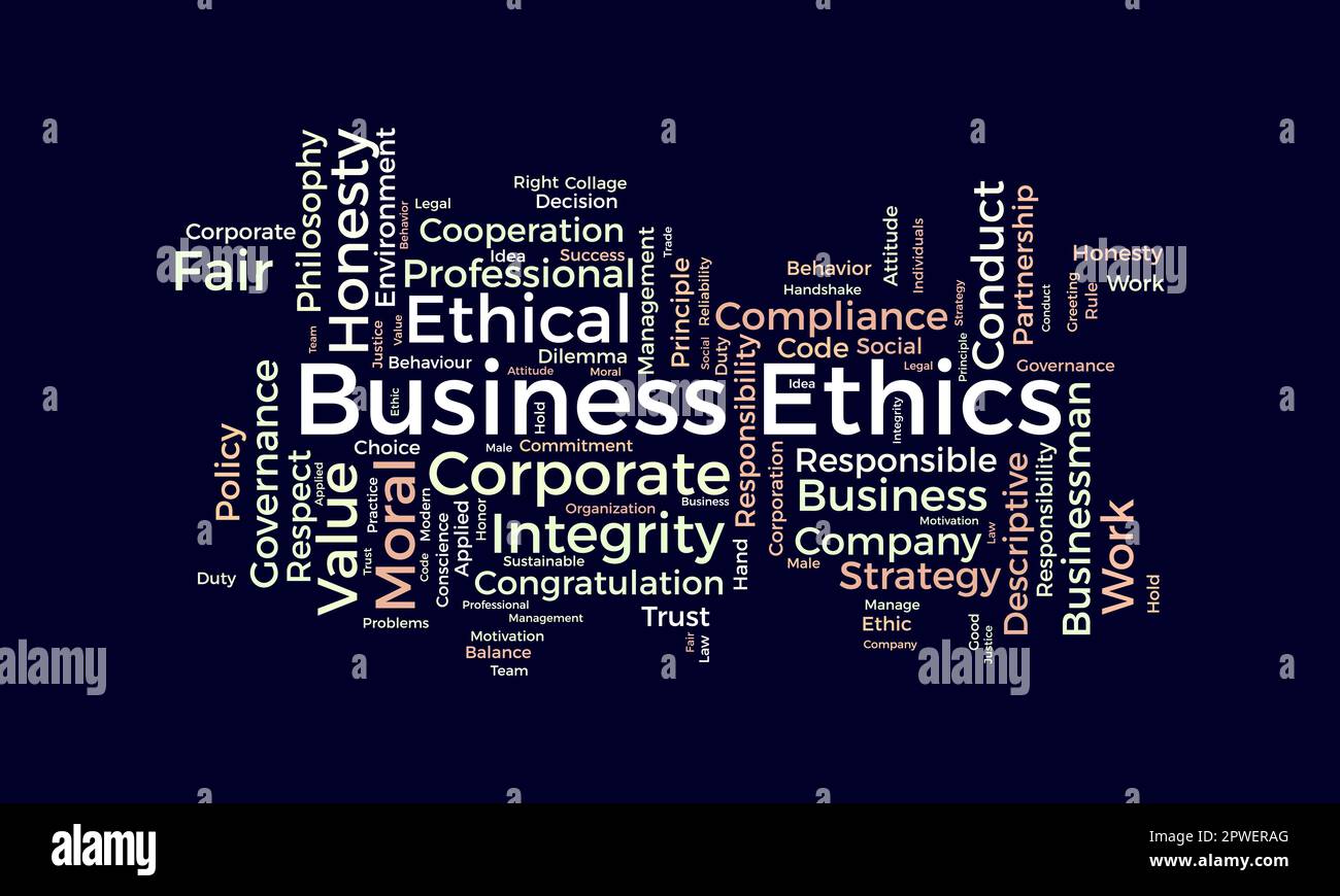 Concetto di base di Word cloud per l'etica aziendale. Integrità aziendale, principio aziendale fiducia morale del valore della responsabilità. illustrazione vettoriale. Illustrazione Vettoriale