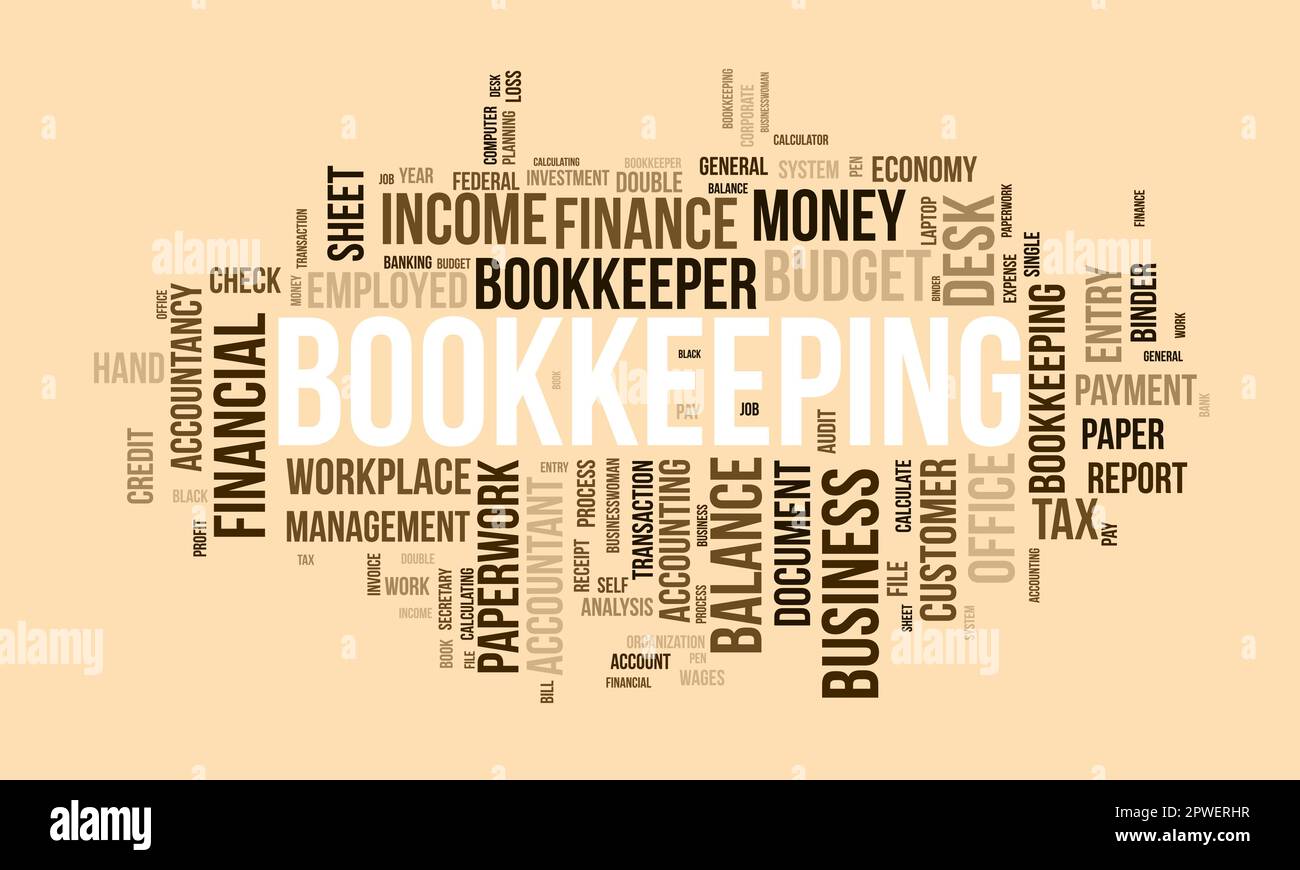 Concetto di base di Word cloud per la contabilità. Bilancio finanziario, transazione commerciale credito di pagamento doppio controllo. illustrazione vettoriale. Illustrazione Vettoriale