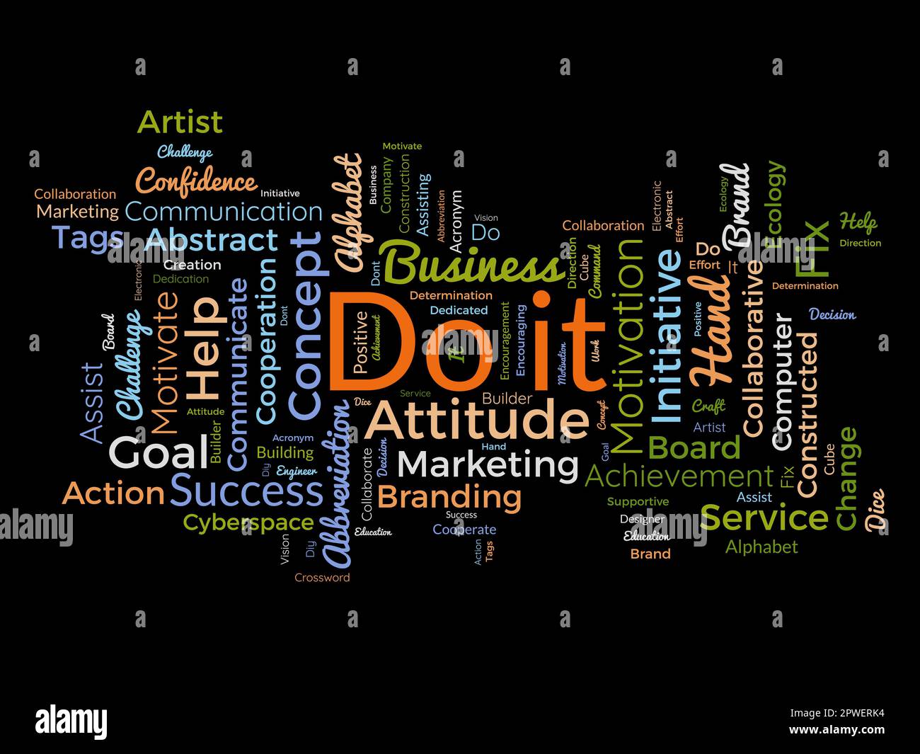 Concetto di background di Word cloud per Do IT. Sfida di azione di vendita per l'handle di comando di successo. illustrazione vettoriale. Illustrazione Vettoriale