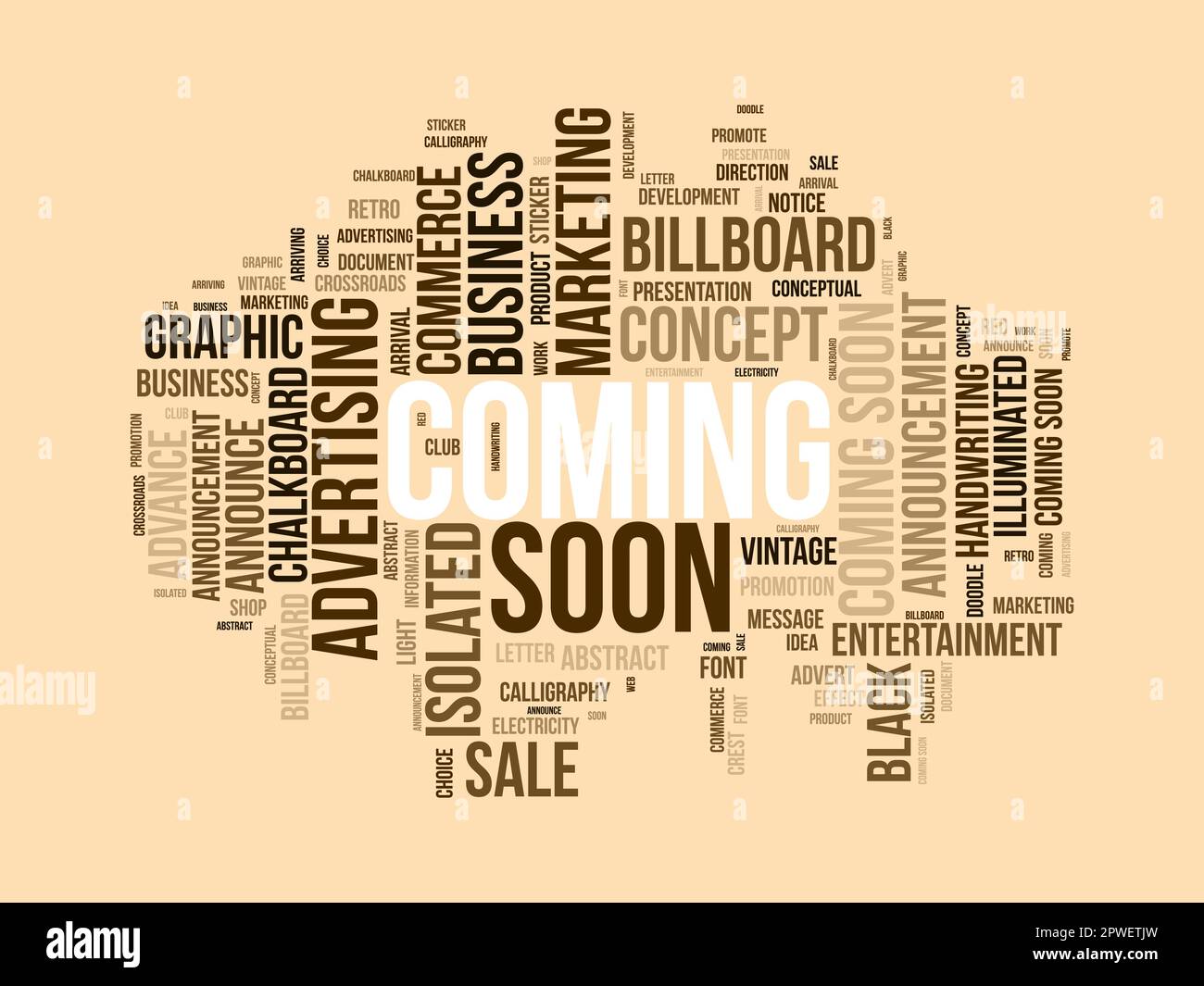 Concetto di background di Word cloud per il prossimo arrivo. Annuncio commerciale con affissioni, banner o poster. illustrazione vettoriale. Illustrazione Vettoriale