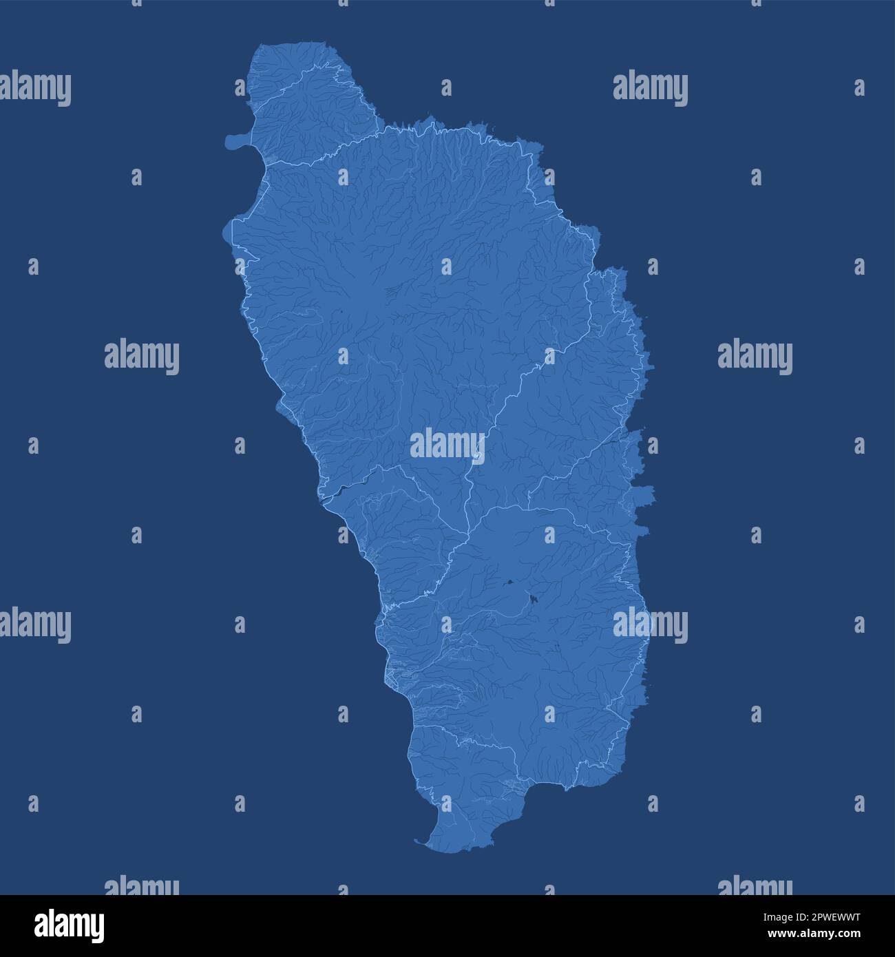 Mappa blu Dominica, paese dell'isola caraibica. Mappa dettagliata con confine amministrativo, costa, mare e foreste, città e strade. Illustrazione Vettoriale