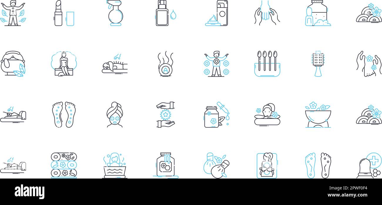 Set di icone lineari eteree. Altro mondo, trascendente, incantevole, etermondana, spirituale, Segni di linea e concetti divini e sognanti. Mistico Illustrazione Vettoriale