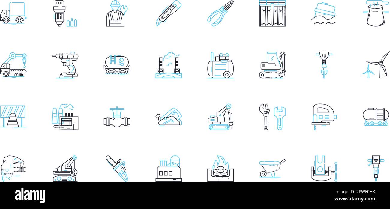 Set di icone lineari per il settore edile. Infrastrutture, ristrutturazione, scavo, calcestruzzo, acciaio, Demolizione, vettore di linea di preparazione del sito e concetto Illustrazione Vettoriale