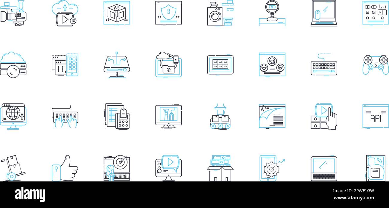 Set di icone lineari di intelligenza virtuale. Automazione, apprendimento automatico, robotica, sicurezza informatica, analisi dei dati, Efficienza, vettore di linea di previsione e. Illustrazione Vettoriale