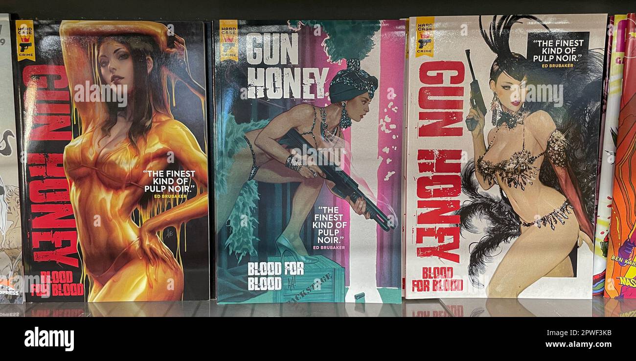 Fumetti di Gun Honey in vendita presso il negozio Midtown Comics di Manhattan. Foto Stock