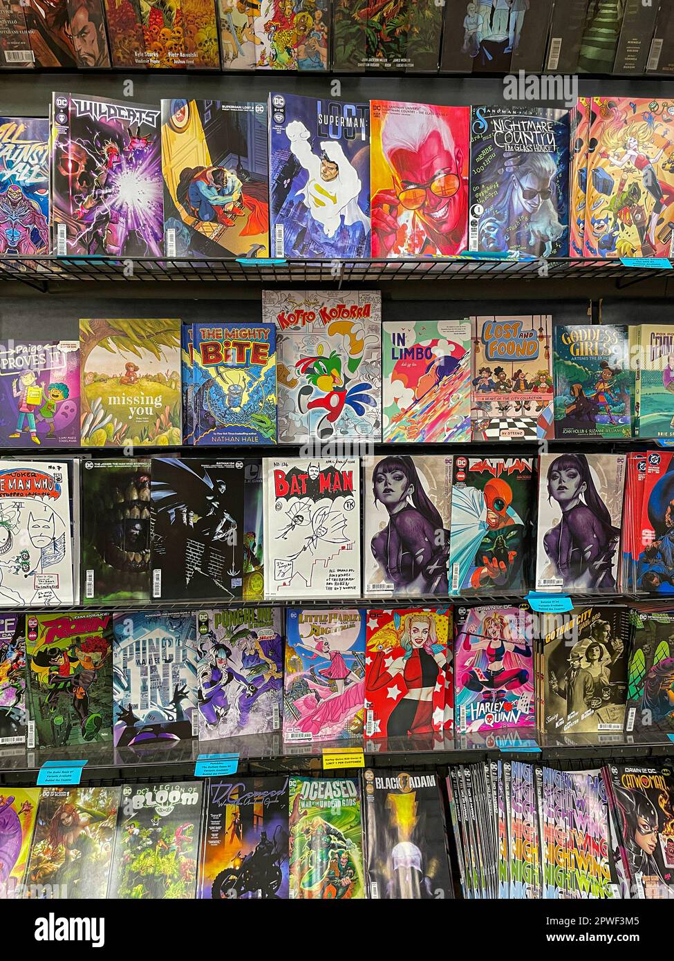 Una varietà di titoli di fumetti disponibili per la vendita presso il negozio Midtown Comics di Manhattan. Foto Stock