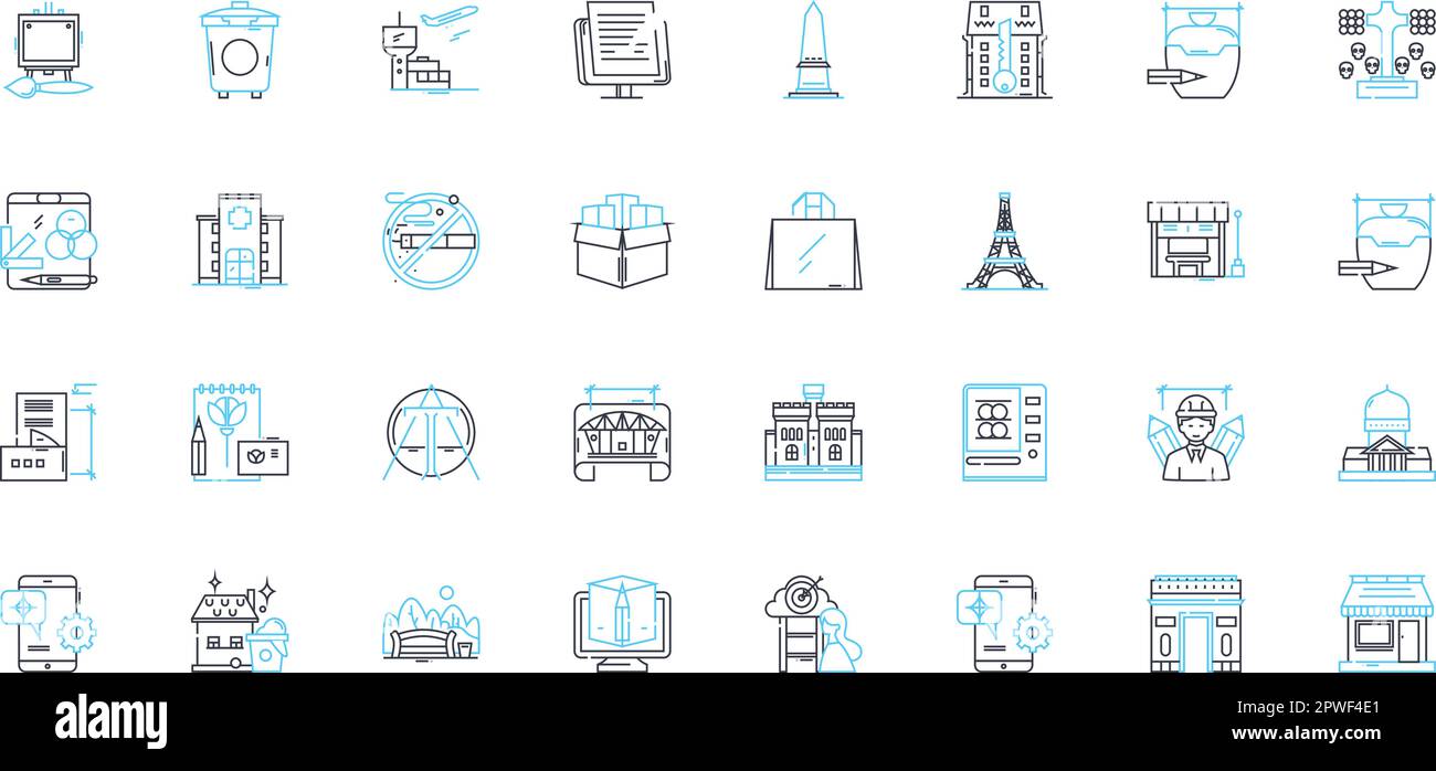 Set di icone lineari ingegneristiche. Design, innovazione, tecnologia, sostenibilità, Matematica, Meccanica, vettore di linea di automazione e segnaletica concettuale Illustrazione Vettoriale