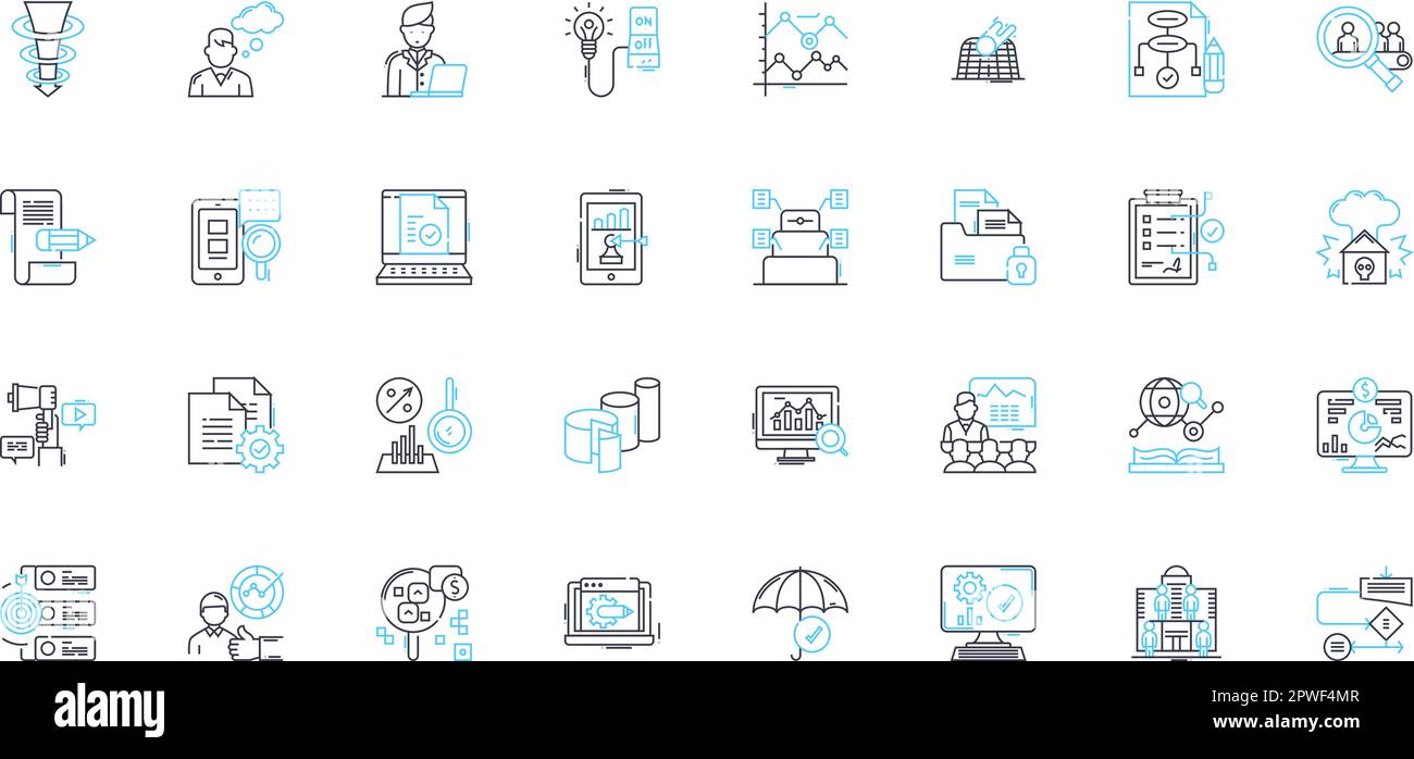 Esplora il set di icone lineari. Avventura, viaggio, Wanderlust, viaggio, scoperta, Expedition, quest line vettoriale e segnali concettuali. Trekking, Roam, esplorare Illustrazione Vettoriale