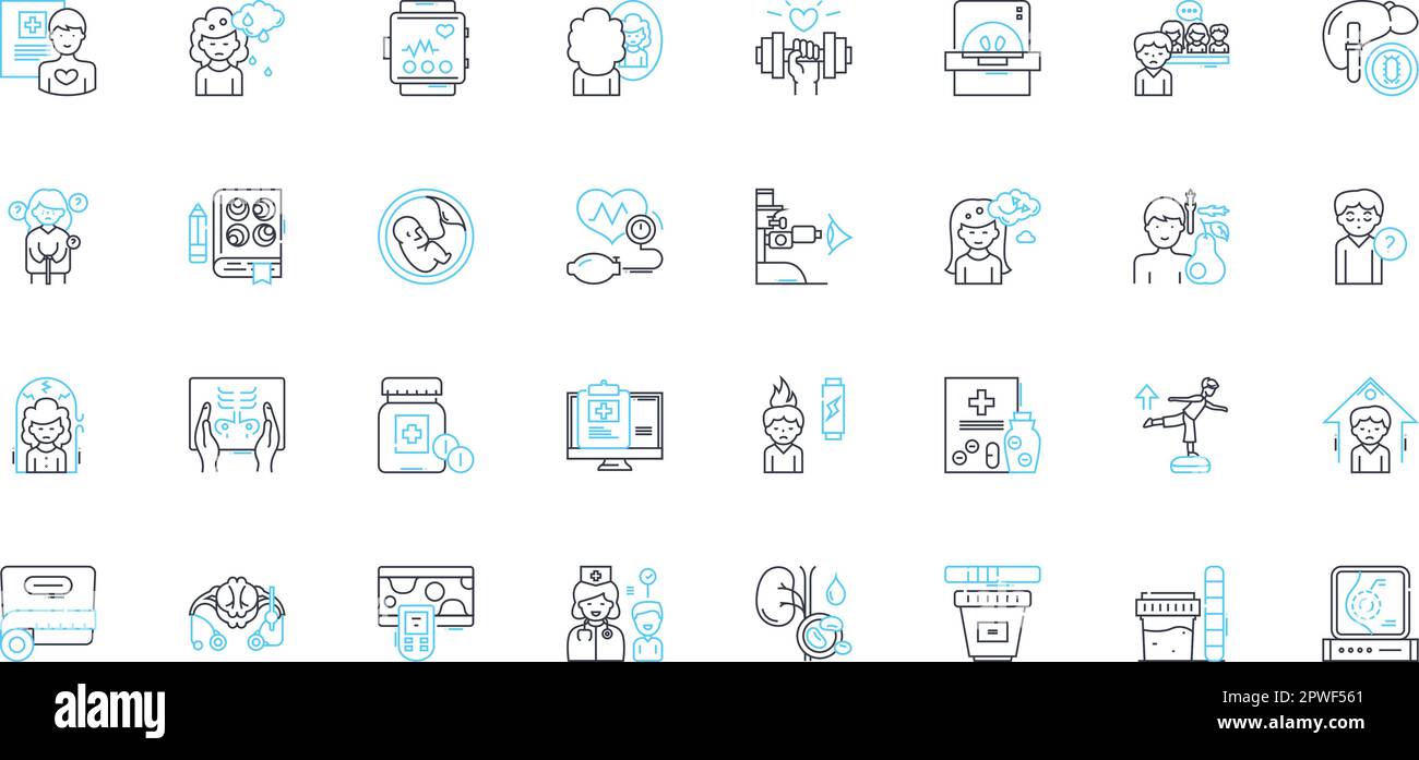 Set di icone lineari per l'amministrazione sanitaria. Direzione, leadership, efficienza, strategia, operazioni, Budget, vettore di linea di pianificazione e concetto Illustrazione Vettoriale