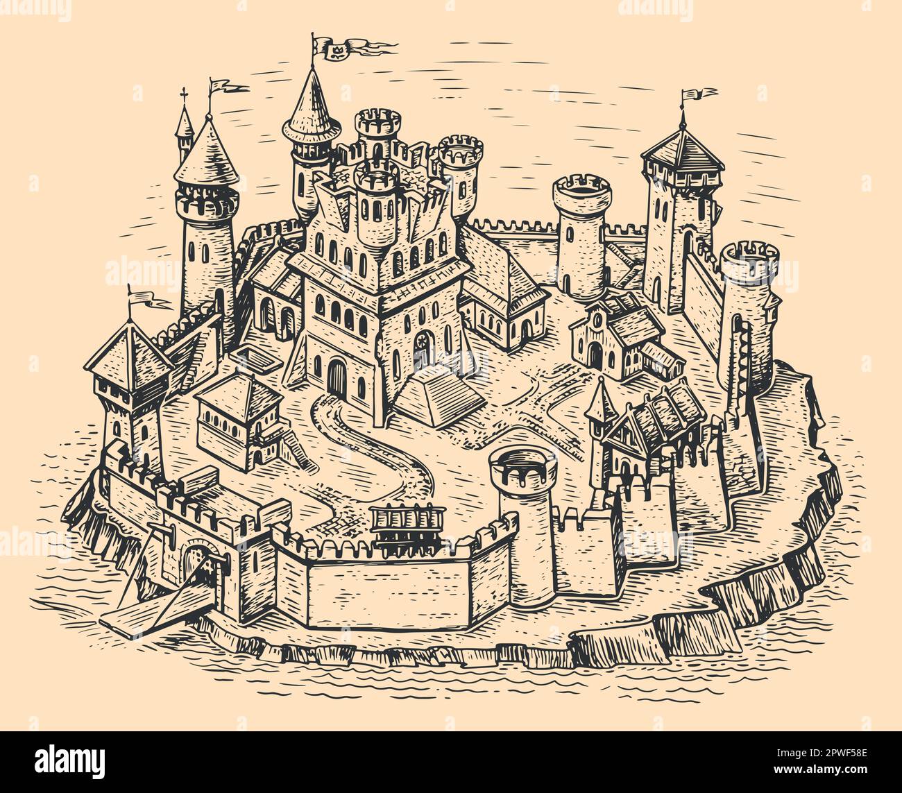 Antico castello medievale con vari edifici, circondato da mura di pietra con torri. Mappa della città in stile incisione vintage Illustrazione Vettoriale