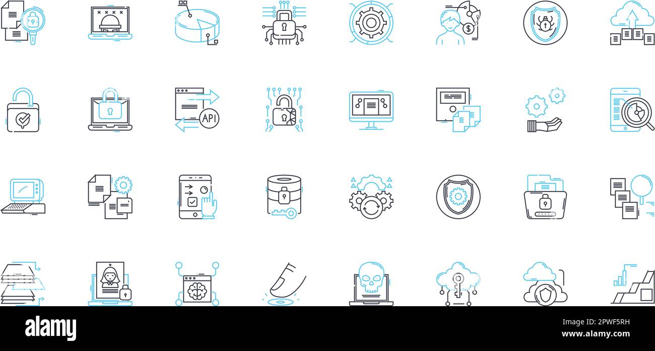 Set di icone lineari per la protezione dei dati. Crittografia, privacy, sicurezza informatica, GDPR, conformità, Backup, vettore di linea sensibile e segnali concettuali. Firewall Illustrazione Vettoriale