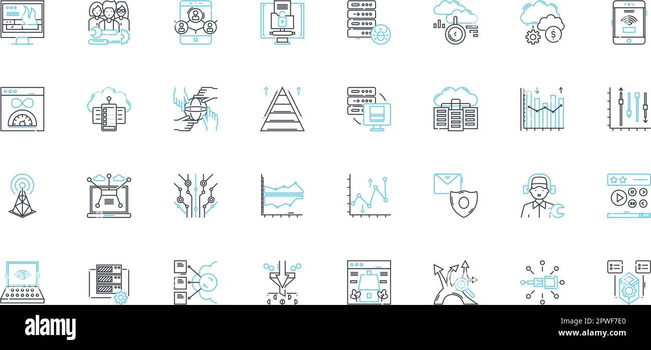 Set di icone lineari di archiviazione cloud. Backup, virtualizzazione, cloud, online, storage, Sincronizza, Condividi vettore di linea e segnali concettuali. Accessibilità,sicurezza Illustrazione Vettoriale