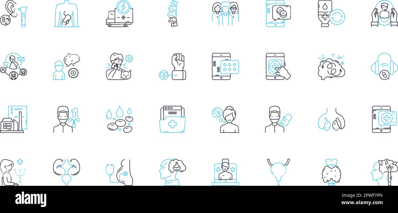 Set di icone lineari per terapia cognitiva. Pensare, consapevolezza, cognizione, credenze, automatico, Distorsioni, vettore di linea cognitivo-comportamentale e concetto Illustrazione Vettoriale